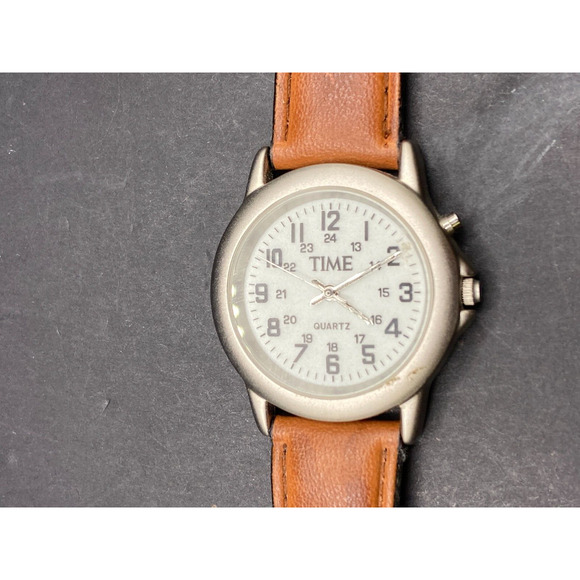 TIME Magazine Quartz Silver Tone Watch w/ Military Dial Brown Leather Band - Picture 2 of 11